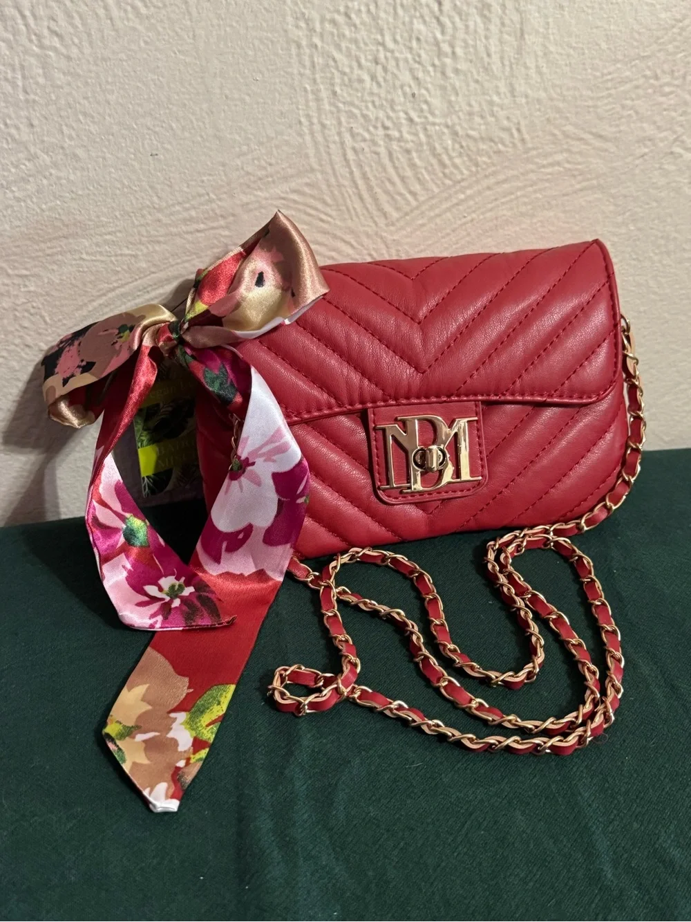Badgley Mischka Scarlet Quilted Crossbody with Floral Scarf Accent